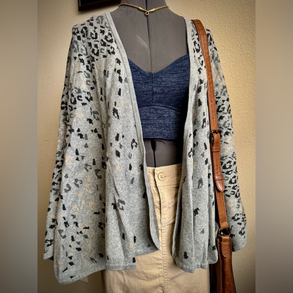 CAbi Knit Shawl Cardigan Sweater Cover OS Grey Animal Print